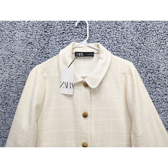 NWT Zara Tweed Cropped Blazer Size XL Gold Button Preppy Office Cream - Picture 3 of 13